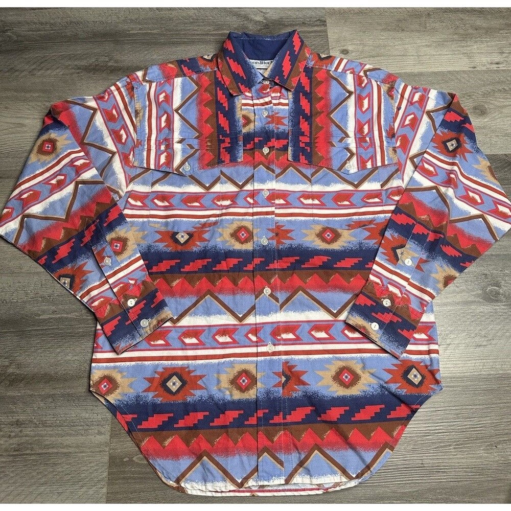 Vtg 90s Pecos Blue Western Button Up Shirt M Southwestern Rodeo Cowgirl